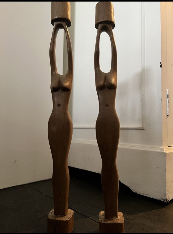 Image 1 of Candelieri intagliati a mano in stile scandinavo di metà secolo