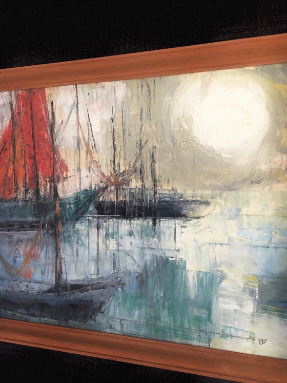 Image 1 of Dipinto originale firmato "Marina" Scena di barca anni '60 Belgio