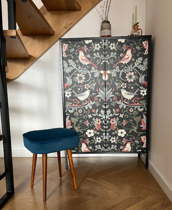 Image 1 of Vintage Velvet Footstool in Dark Teal, Mid Century Modern Stool with Wood Legs