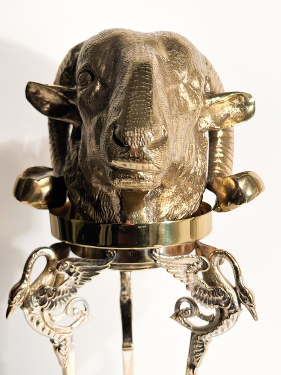 1970s Gilded Bronze Ram's Head Sculpture with Pedestal – Brass (photo 3 of 11)