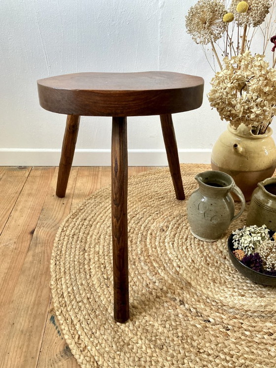 Tabouret tripode ancien en bois massif, fabrication artisanale, Marron, Rustic (photo 5 sur 11)