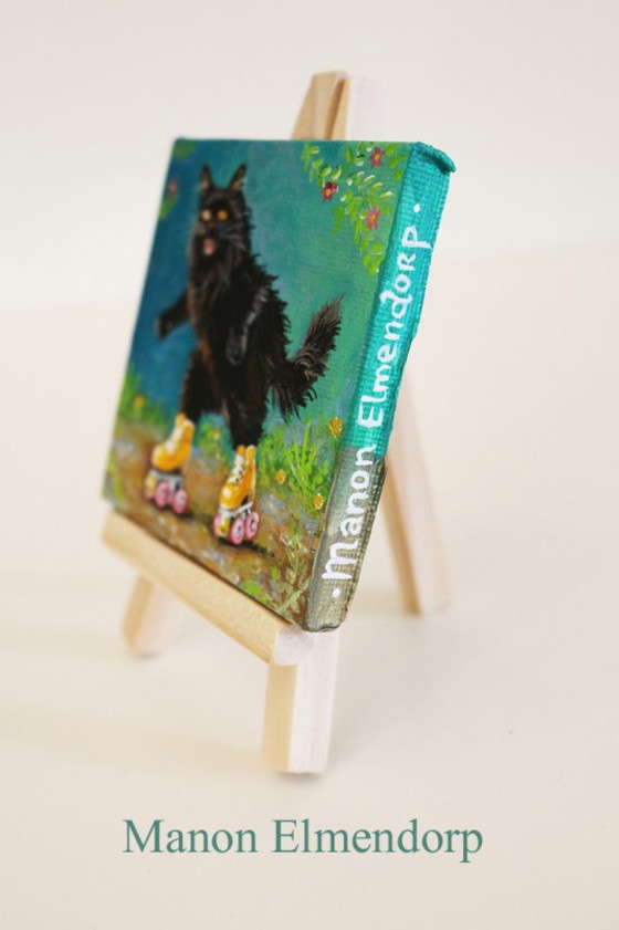 Unique Hand-Painted Small Painting of a Roller Skating Cat – Paintings & Drawings, Canvas, Wood (photo 4 of 6)