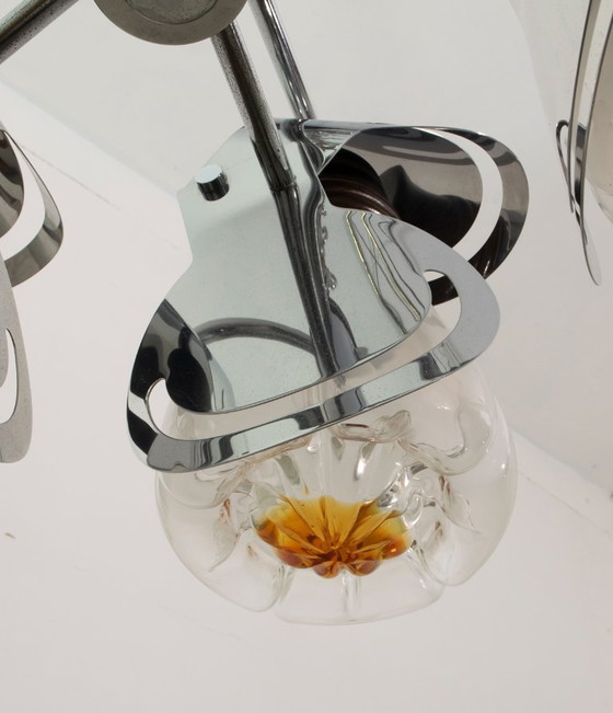 Image 1 of Araña italiana de cristal de Murano y acero Mazzega, mediados del siglo XX, años 70