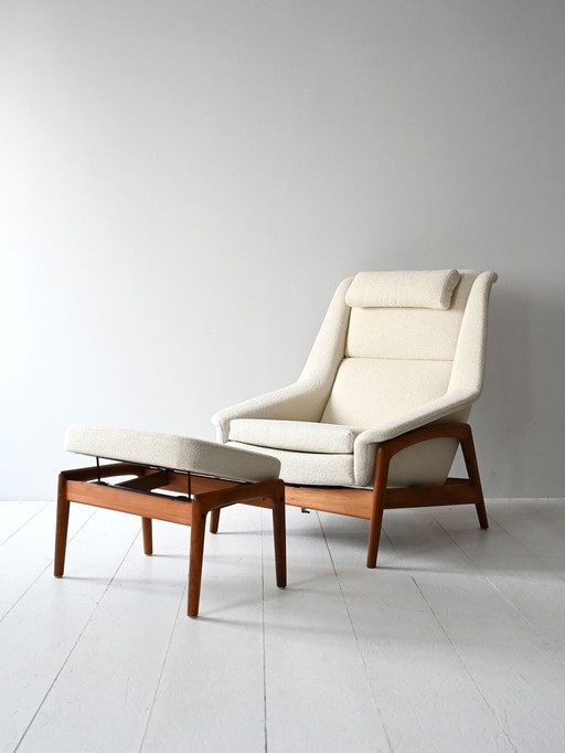 Chaise longue scandinave en teck des années 1950/60 avec ottoman