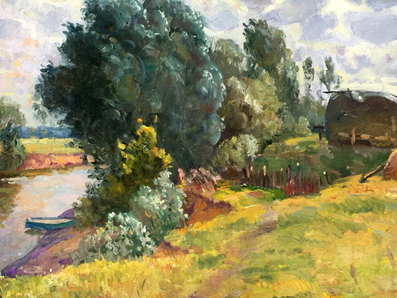 Image 1 of Originales Vintage-Ölgemälde: Ländliche Landschaft in Flussnähe