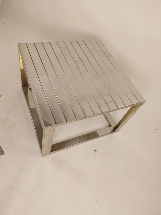 Image 1 of 1 x polished aluminium slatted table 60 x 60 x 40cm 1980s
