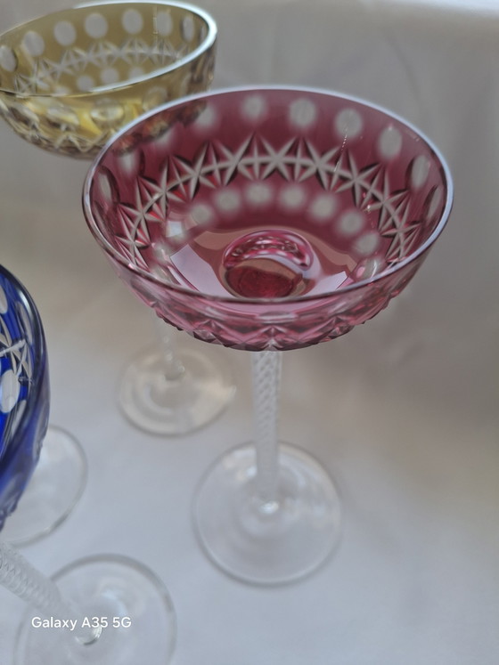 Image 1 of Set di 5 bicchieri da liquore antichi in stile Art Nouveau - Josephinenhütte, circa 1900 - stelo a spirale