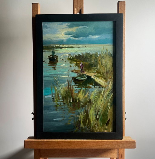 Peinture à l'huile originale représentant un paysage côtier au coucher du soleil