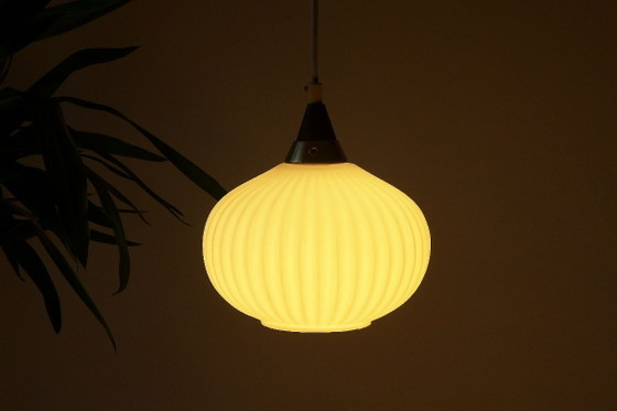 Image 1 of Vintage hanging lamp Danish design opal glass lamp teak 60s 70s