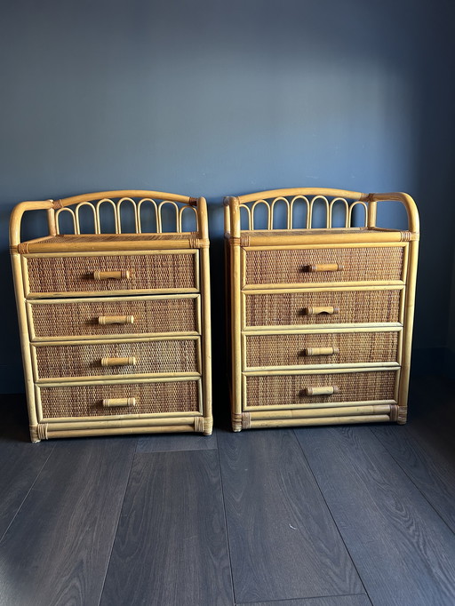 Juego de 2 mesitas de noche/cómodas vintage de ratán – Estilo bohemio