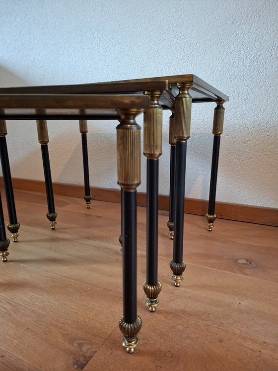 Image 1 of Vintage Maison Jansen style table nest in bronze and Verre Églomisé