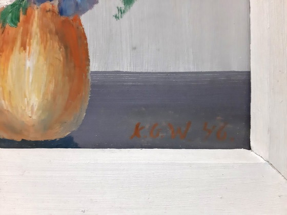 Image 1 of Dipinto ad olio d'epoca su pannello di truciolato, raffigurante fiori in un vaso