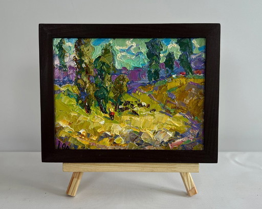 Original Oil Painting Summer Nature Landscape Walking through the valley