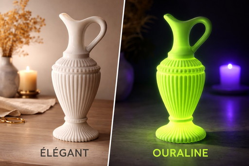 Zeldzame Trianon schenkkan van fluorescerend uraniumglas, toegeschreven aan Portuieux/Vallerysthal, 1960.