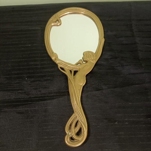 Vintage Jugendstil Messing Handspiegel mit Frauenfigur