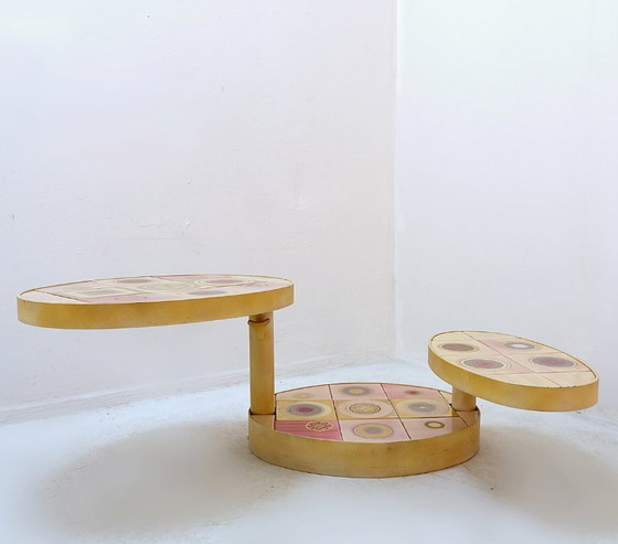 Image 1 of French pink ceramic swivel coffee table, signed Georges Pelletier, 1960s