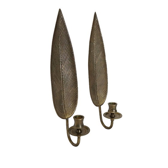 Image 1 of Ensemble de 2 appliques murales vintage en laiton en forme de feuille