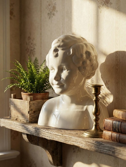 Très rare grand buste en faïence de Sarreguemines Art Déco ancien