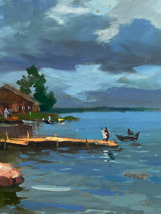Image 1 of Peinture à l'huile originale : Paysage rural, maisons de village près de la rivière