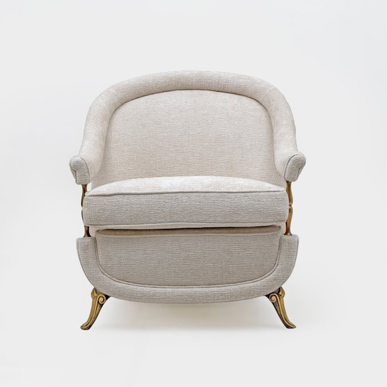 Image 1 of Par de sillones franceses de mediados de siglo, estilo art déco con detalles de latón, década de 1950.