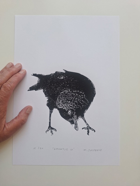 Linocut bird / 'Kauwtje' – M. Jasperse, Art, Paper (photo 2 of 7)