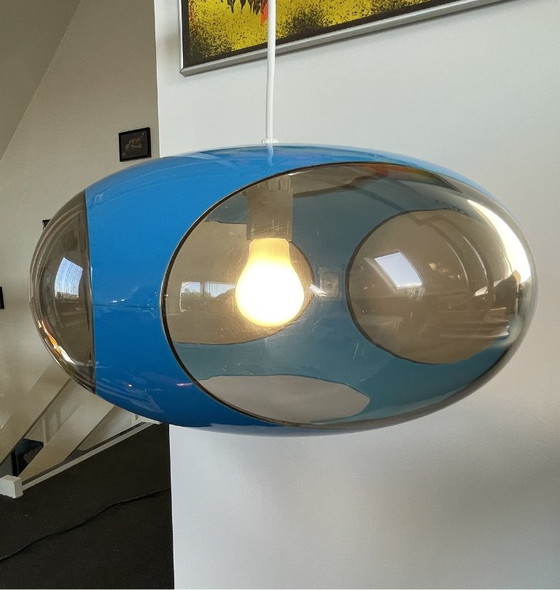 Space Age Lamp Massive Bug Eye, UFO Pendant Lamp Blue, Vintage, Retro, Plastic (photo 9 of 10)