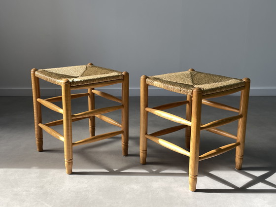 Image 1 of Ensemble de 2 tabourets en osier vintage des années 1960