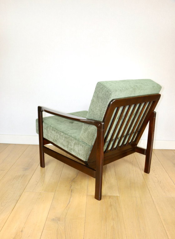 Image 1 of Vintage brown wooden armchair green-olive jeans design by Z. Bączyk - 2 pieces available