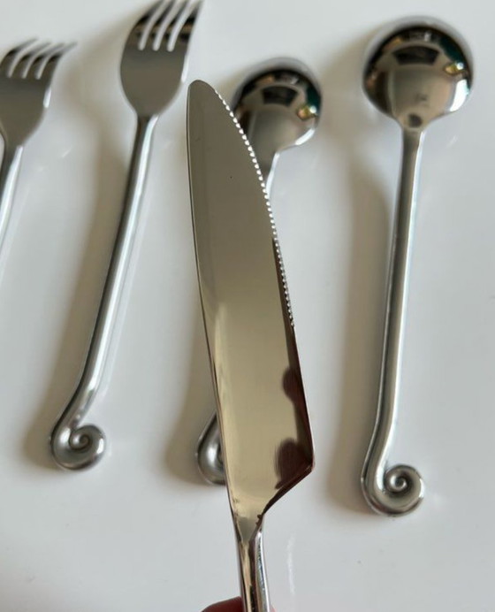 Image 1 of Set di 5 posate in acciaio inox – forma organica a spirale/vortice – stoviglie vintage originali
