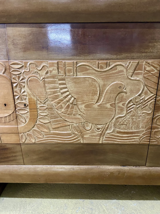 Image 1 of Exceptional French Brutalist Solid Wood Sideboard with Sculpted Doors, 1950s