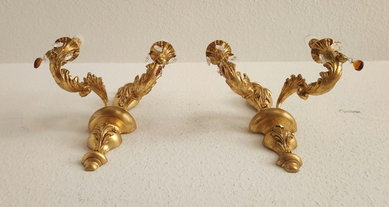 Hand-carved antique Florentine wall hanging with crystal pendants, gilded

with gold leaf, Baroque Rococo, (photo 8 of 15)