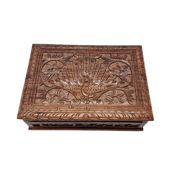 Image 1 of Auténtica talla de madera india con motivo de pavo real