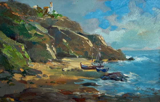 Image 1 of Original Oil Painting Summer Coastal Landscape Sunny day at sea