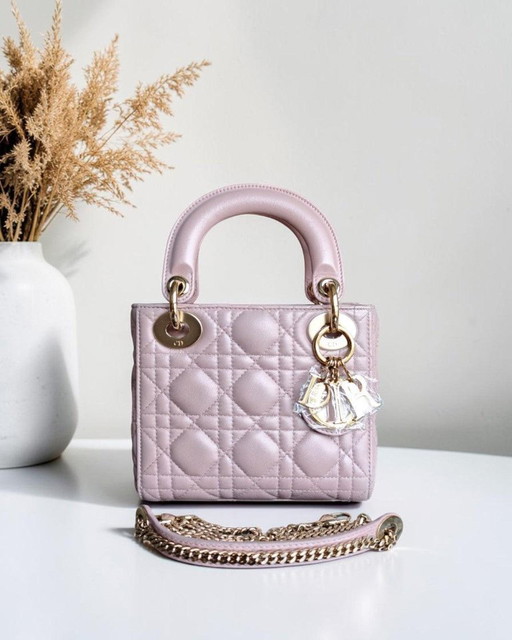 DIOR LADY MINI - PELLE DI AGNELLO CANNAGE ROSA CHIARO CON FERRAMENTA A CATENA