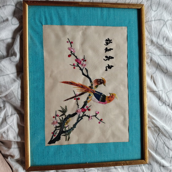 Image 1 of Vintage Chinese Silk Embroidery Birds Wall Art – Framed Mid Century Textile