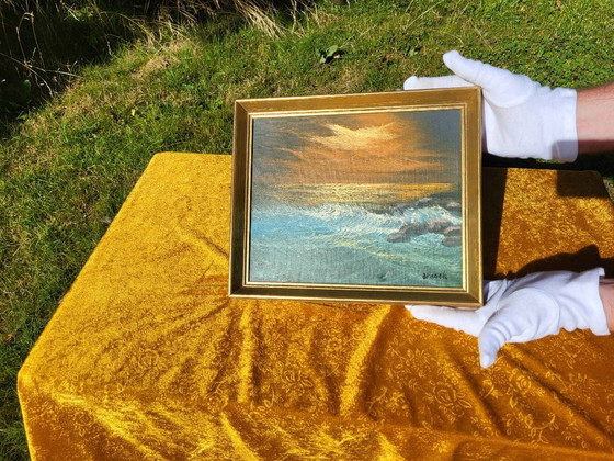 Dipinto a olio vintage incorniciato: Paesaggio marino al tramonto – Dipinti e disegni, Tela (photo 2 of 8)