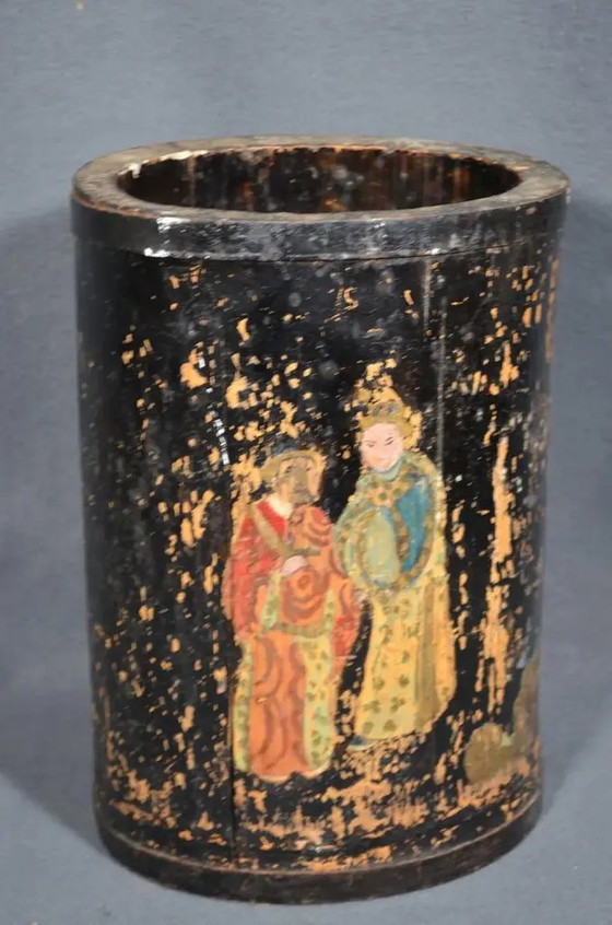 Late 19th Century Important Black Lacquered Bamboo Pot With Polychrome Character Decoration – Plant pot (photo 2 of 12)