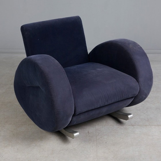 Image 1 of Bretz (Duitsland) — Schommelstoel / Fauteuil — Blauwe fluwelen bekleding — Jaren 80 — Opvallend lounge-icoon