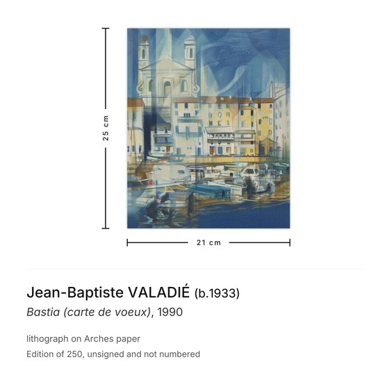 Jean-Baptiste Valadié Lithograph Bastia (Carte de Voeux) 1990 – Lithographies et sérigraphies, Paper (photo 3 of 5)