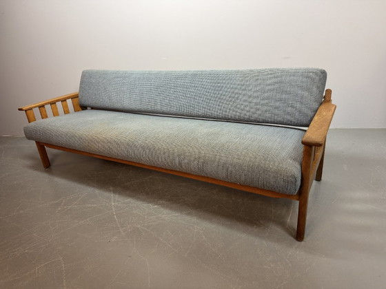 Image 1 of Mid-Century 3-Seat Oak Sleeper Sofa with Soft Blue Upholstery Attributed to Pastoe, The Netherlands 1970s.
