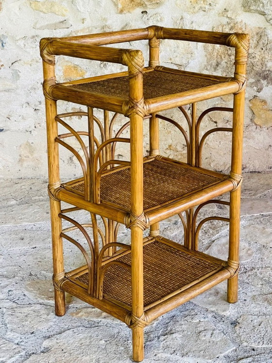 Image 1 of Vintage bamboe en rotan 3-laags plank, jaren 70