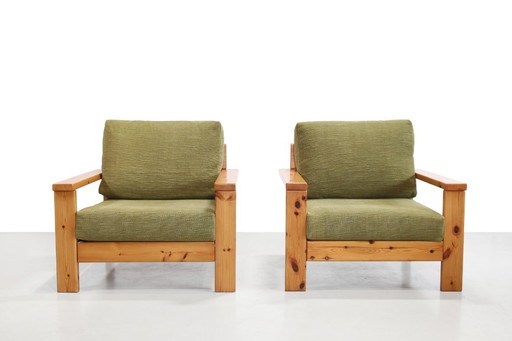 Set of two Italian pine design armchairs from the 1970s