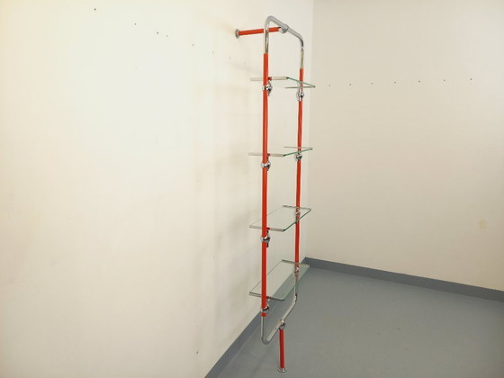 Image 1 of Modular Bauhaus-style vintage bookcase in red metal, chrome and glass from the 1970s