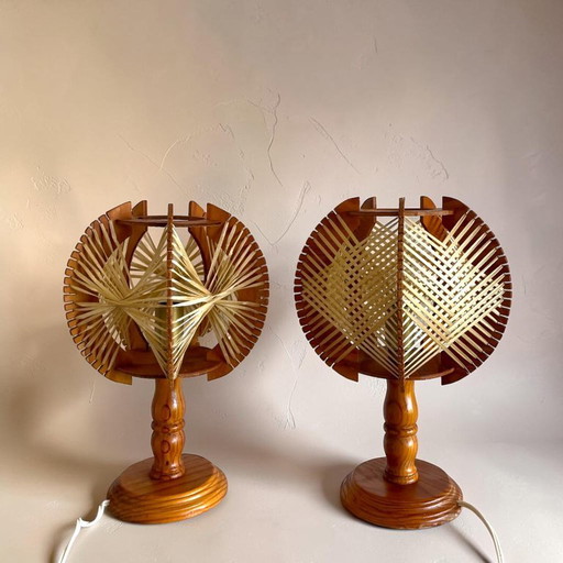 Lampes de table en bois et paille, style campagnard portugais, années 1960, lot de 2