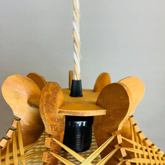 Image 1 of Large rustic style Portuguese wood and rattan hanging lamp, 1960s