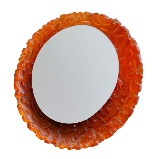 Image 1 of Large Mid-Century German Modern Oval Orange Acrylic Backlit Wall Mirror Light attributed to Hillebrand, 1970s