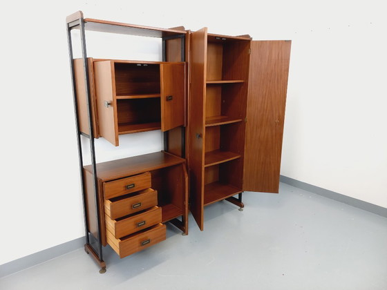 Image 1 of Vintage Italian teak and metal double modular bookshelf from the 60s