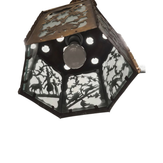 Image 1 of Lampada a sospensione antica in ottone traforato e segato, inizio XX secolo