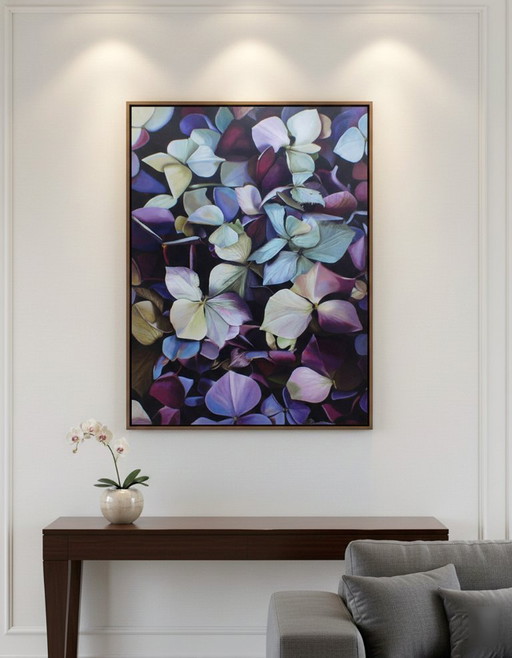Realistic Hydrangea Painting: Moody Purple Blue Floral Wall Art, Detailed Flower Botanical Decor