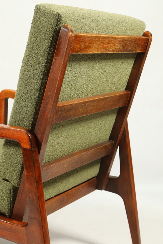 Image 1 of Mid Century Fauteuil Vintage Groen Boucle Kussen Houten Lounge Stoel, jaren 1980
